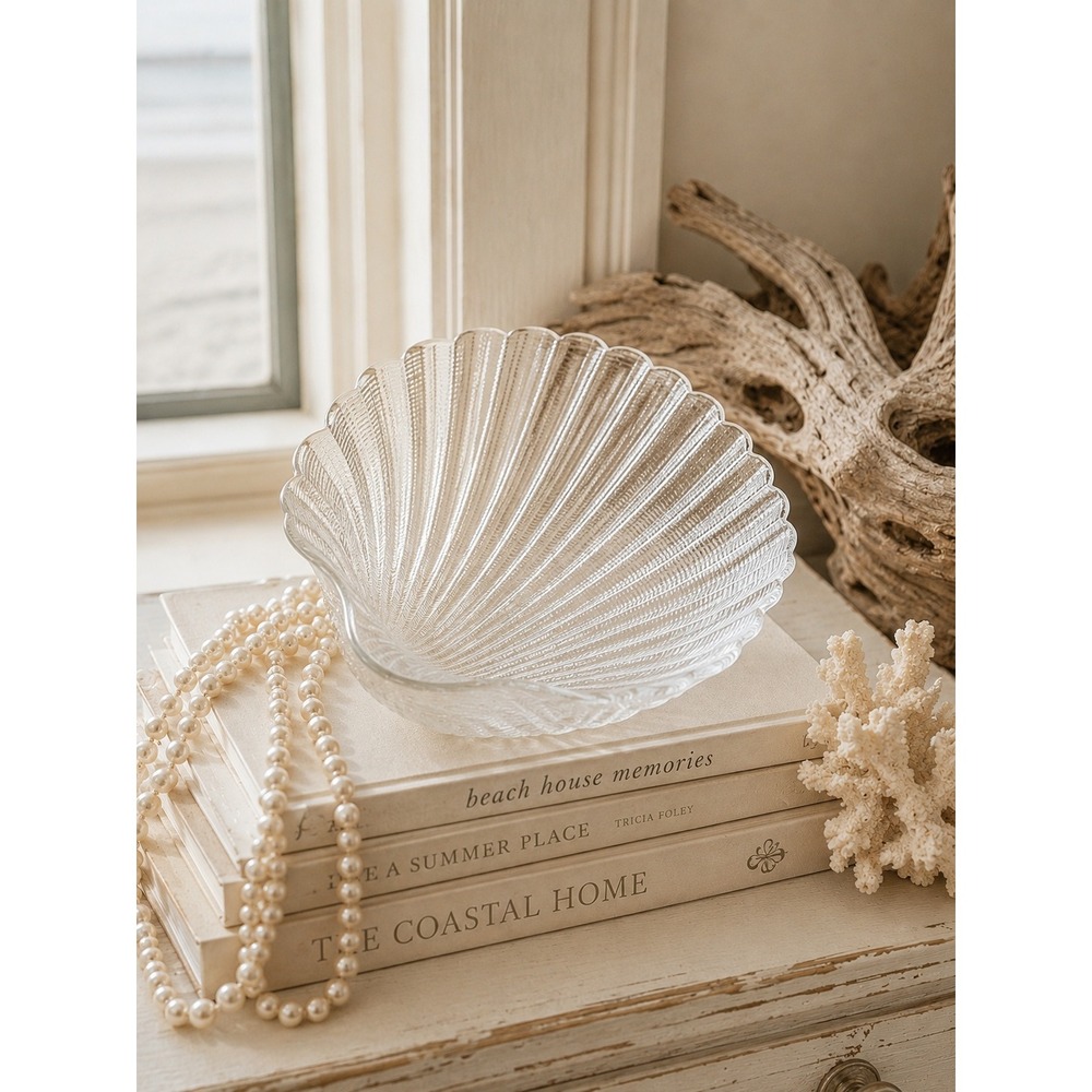 Vtg Arcoroc France Clear Glass Scallop Shell Bowl Coastal Beach Cottage Decor